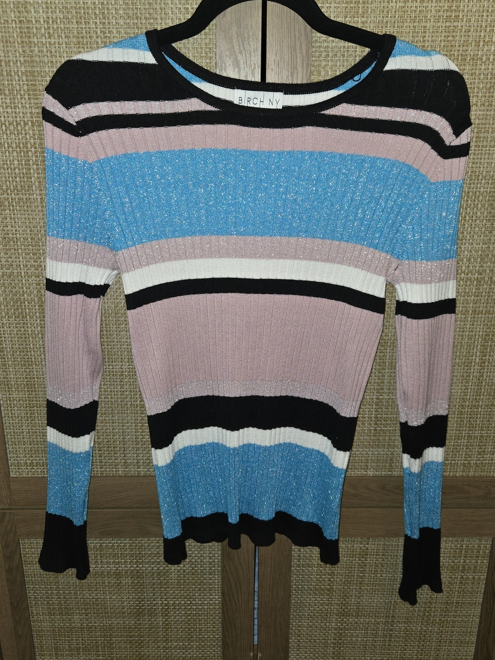 Women's Striped Ribbed Long-Sleeve Top in Pink, Blue & Black